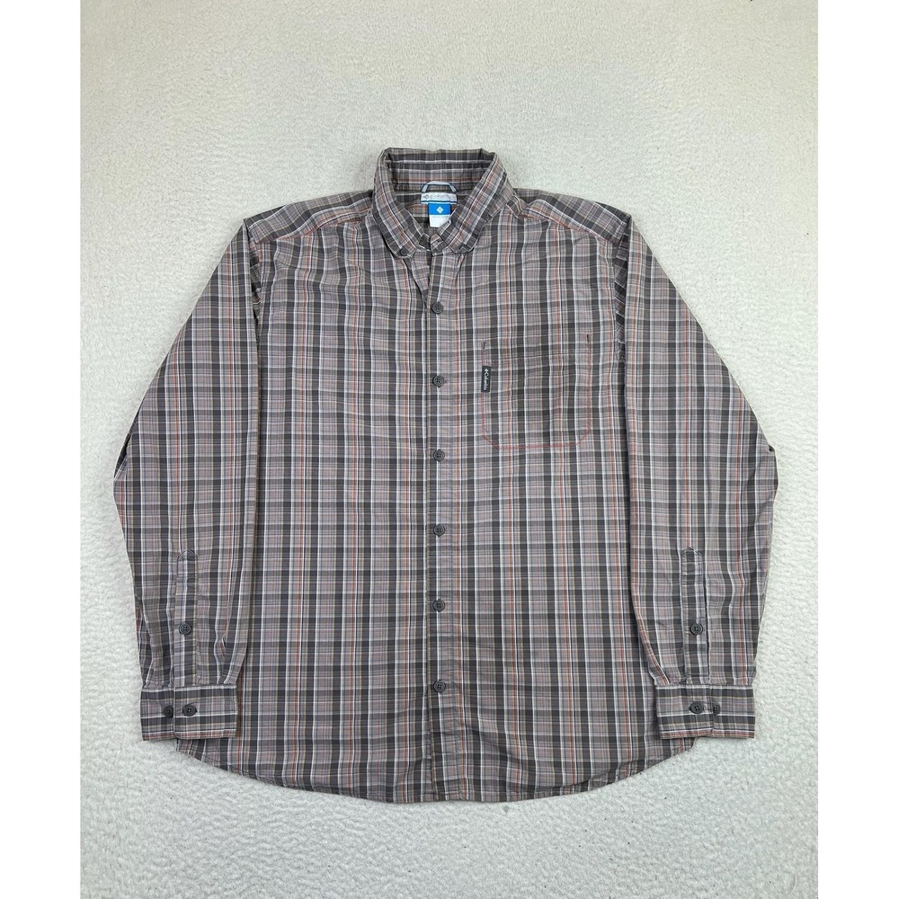 Columbia Mens Large Gray Plaid Button Front Long Sleeve Cotton Shirt AM7148